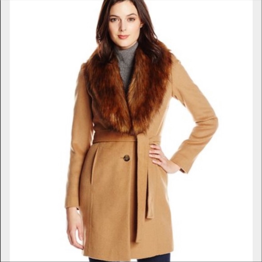 Black fur collar coat. Wool warm and feminine